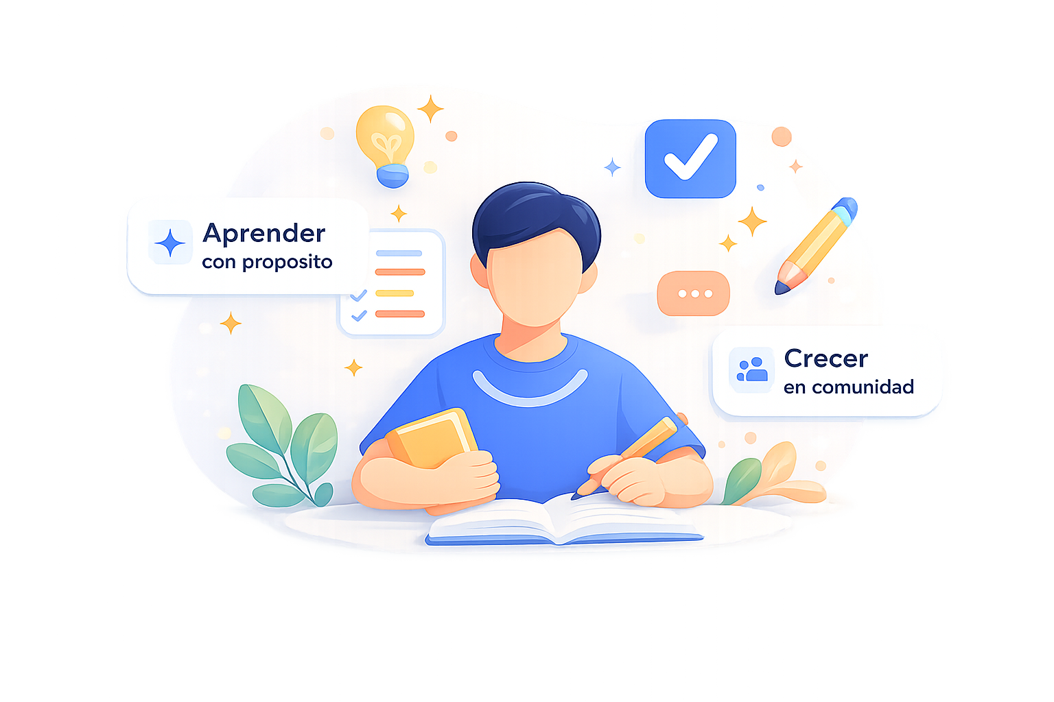 Ilustración educativa de una persona estudiando, con los mensajes Aprender con propósito y Crecer en comunidad.